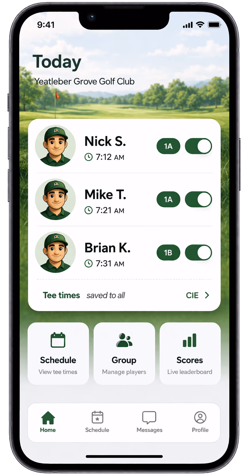 Manage tee times and players screen
