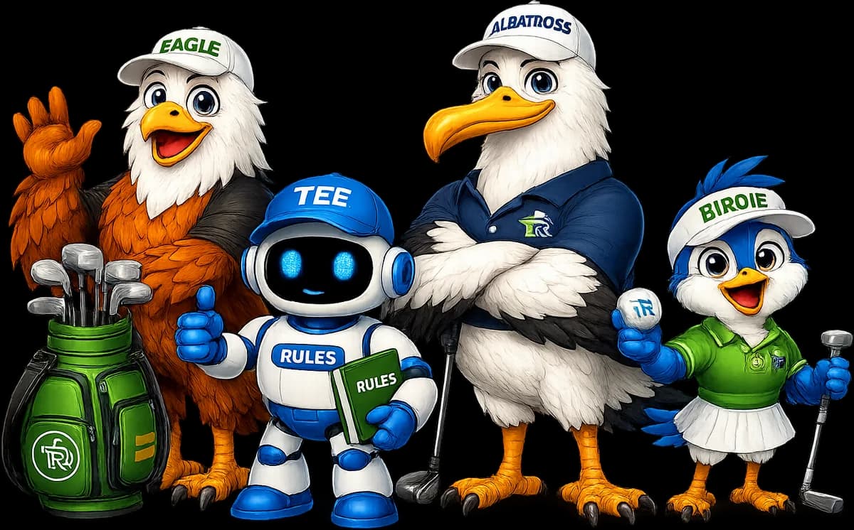 The TeeRoster mascot crew — Eagle, Tee Rules, Albatross, and Birdie